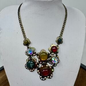Betsey Johnson Woodland Antique Gold Tone Metal Bib Necklace Multi Color Stones